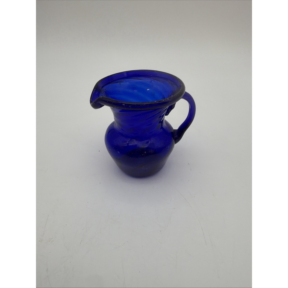 Hand Blown Cobalt Blue Small Glass Pitcher Creamer with Optic Swirl 4.5" x 3"